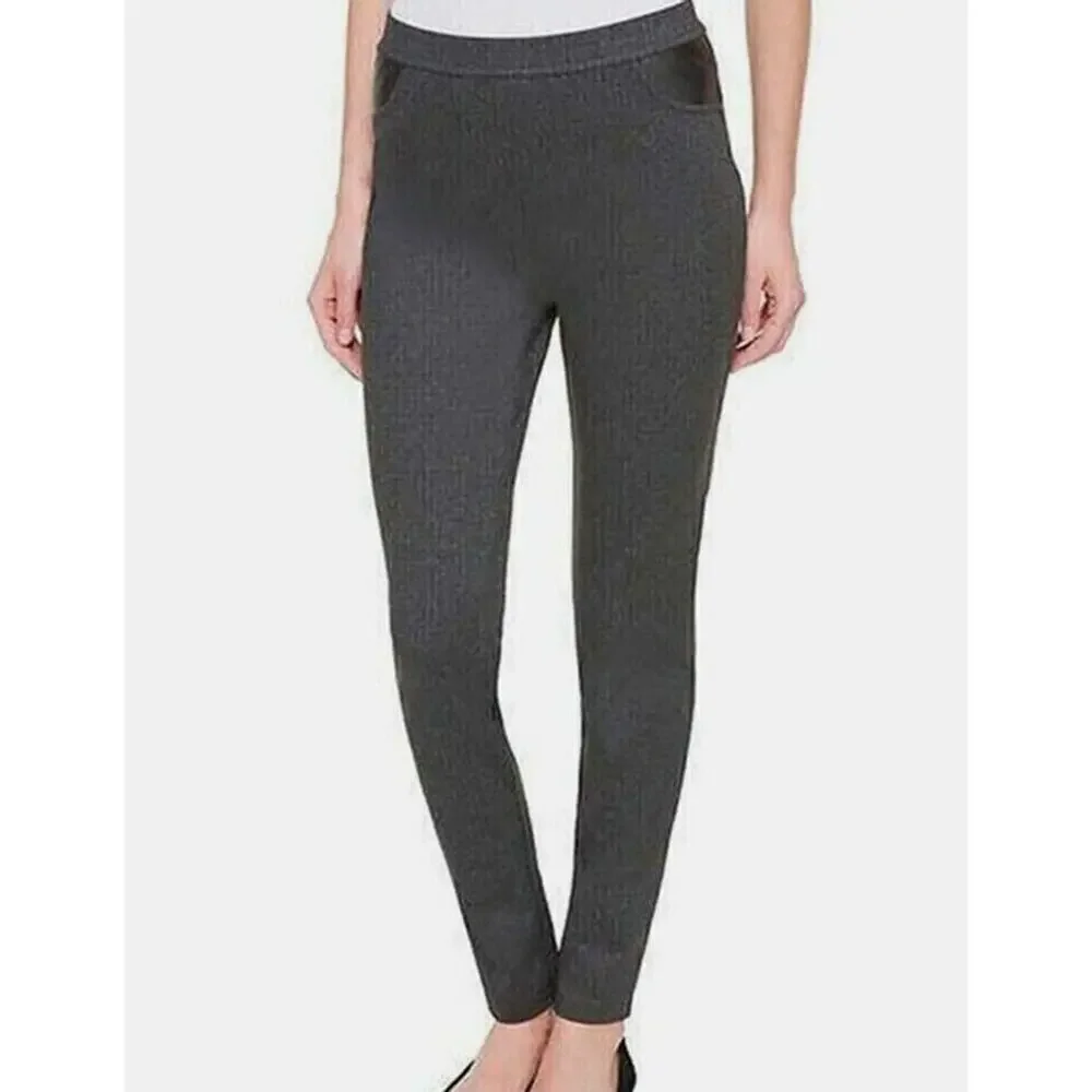 DKNY Pull On Ponte Pants Leather Navy Blue Diamond Lattice Work Career Medium